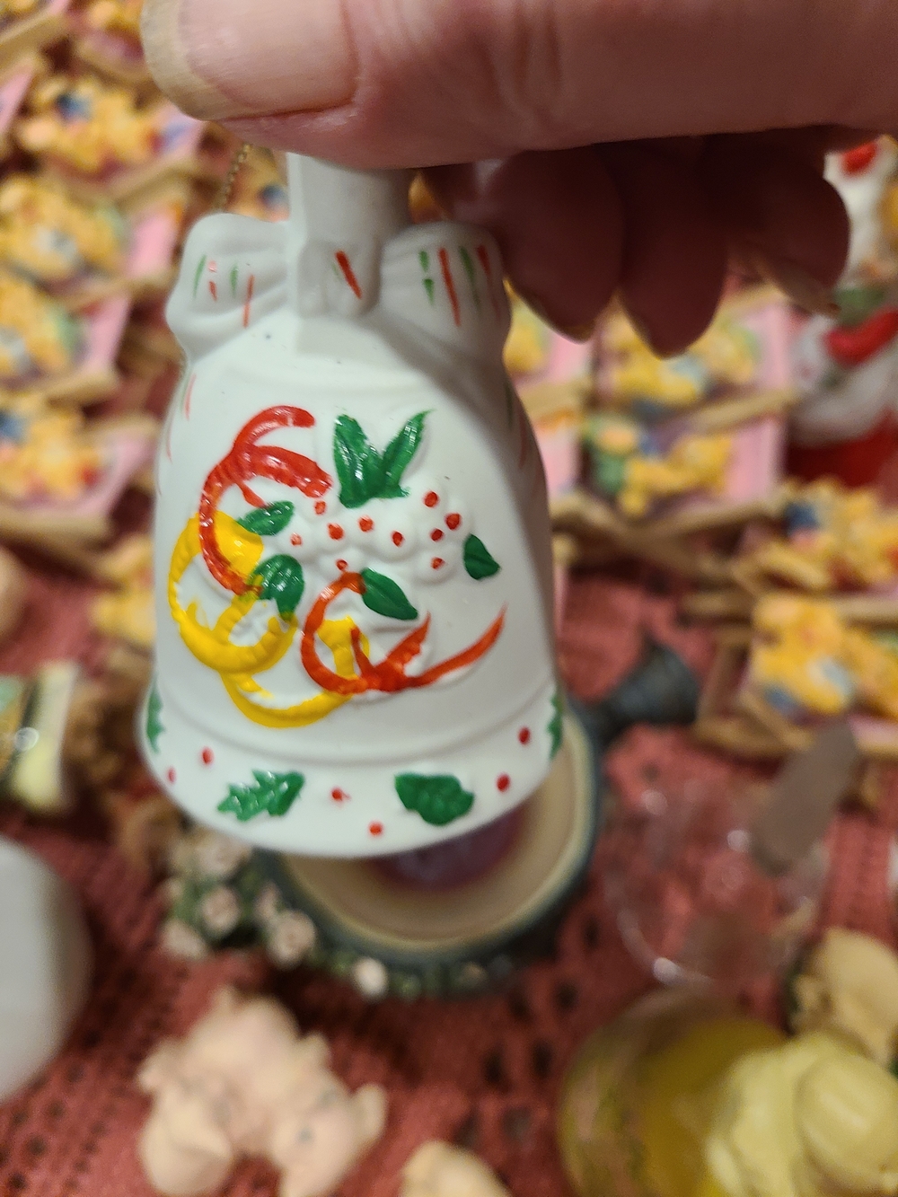 Vintage White Ceramic Bell with Red, Yellow and Green Floral Motif